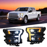 This image shows the 2016 ford f150 headlights installed on a white truck, and a close-up of the dual-color DRL feature (white and amber).